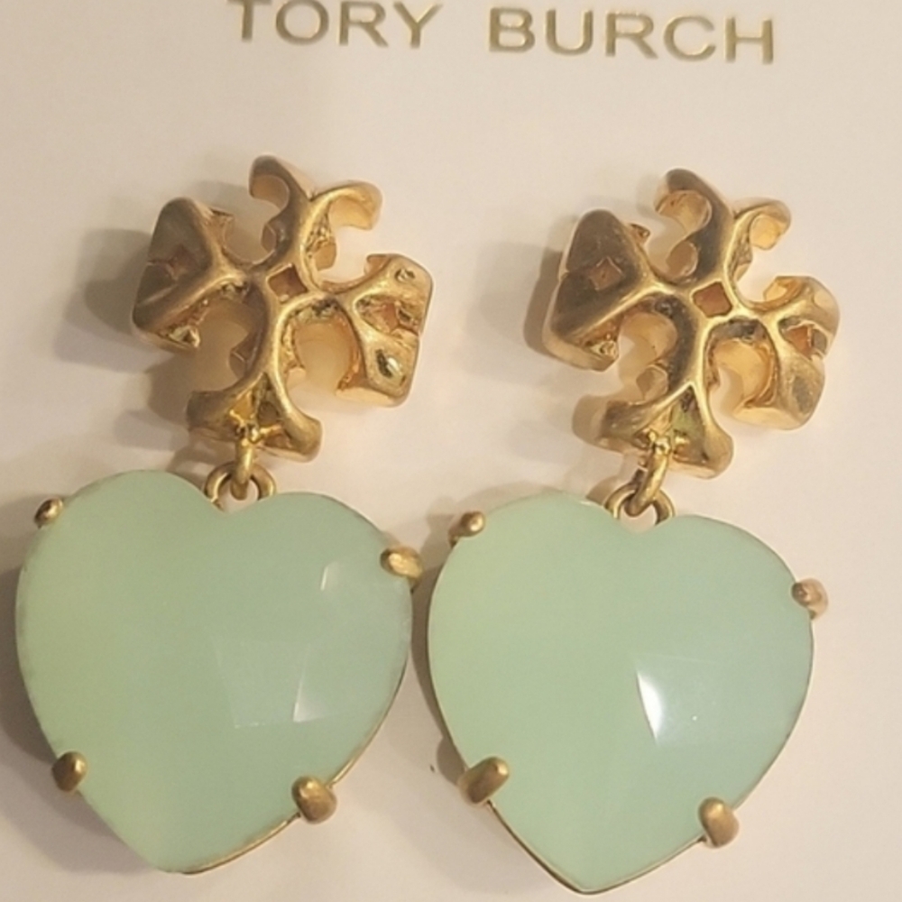 Tory Burch Gold and Mint Heart Earrings - Picture 3 of 3